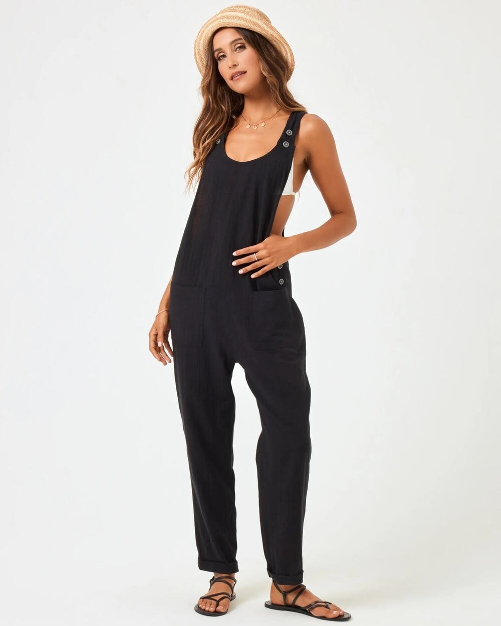 NWT L SPACE Women Small Black Freya Cotton One Piece Jumpsuit Outfit Beachy Boho